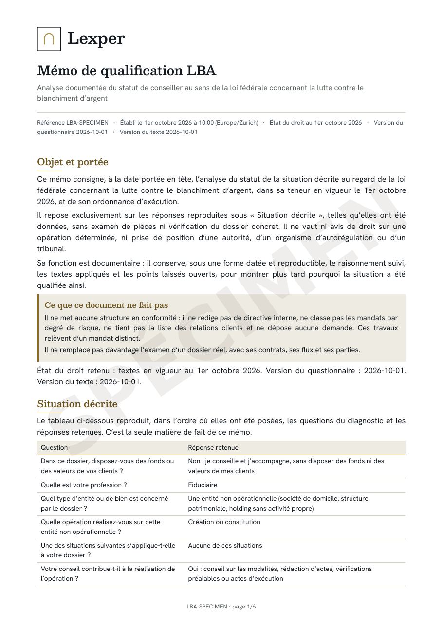 Spécimen du mémo, page 1 lisible : objet et portée, situation décrite